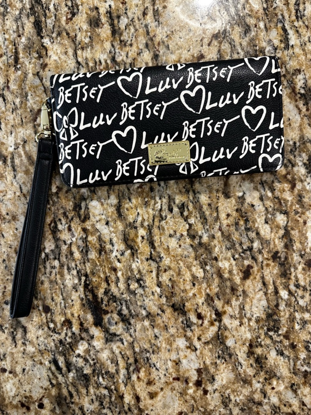 Betsey Johnson Black & White Luv Script Wristlet with Gold Plaque